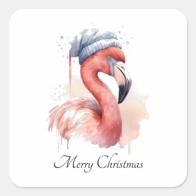 Pegatina Cuadrada Personalizado de Santa Claus Snowbird Flamingo (Anverso)
