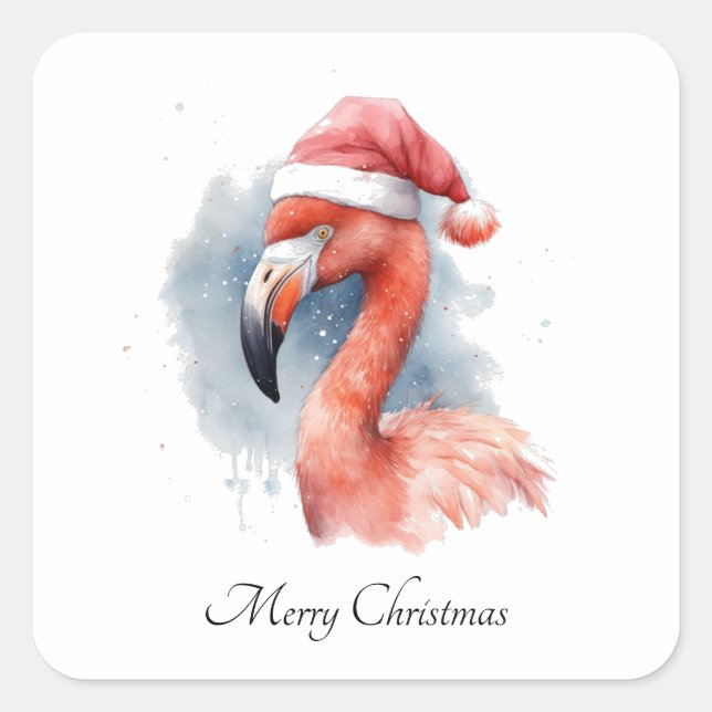 Pegatina Cuadrada Personalizado de Santa Claus Snowbird Flamingo (Anverso)