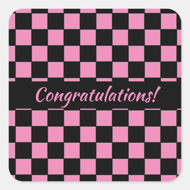Pegatina Cuadrada Personalizado de tablero de cheques rosa y negro (Anverso)