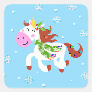 Pegatina Cuadrada Personalizado de Unicorn navidades
