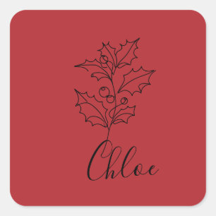 Pegatina Cuadrada Personalizado December Holly Birth Flower Gift