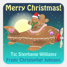 Pegatina Cuadrada Personalizado del avión Cute Gingerbread