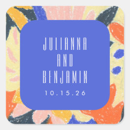Pegatina Cuadrada Personalizado del Boda botánico de Mod Blue Artsy