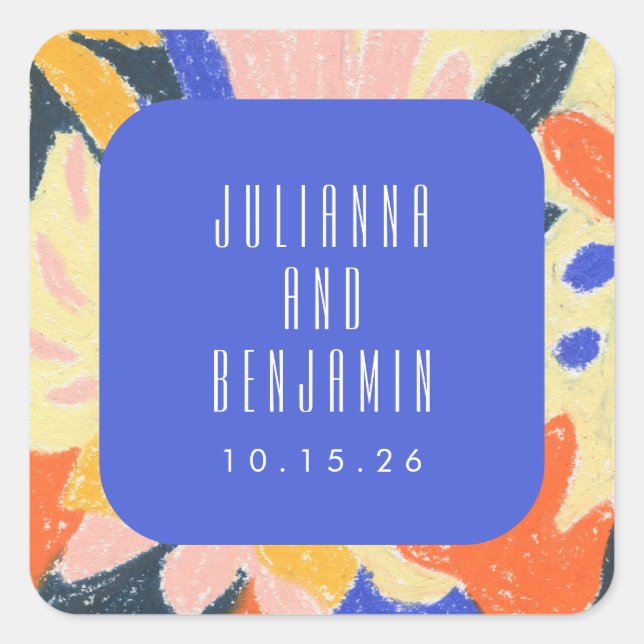 Pegatina Cuadrada Personalizado del Boda botánico de Mod Blue Artsy (Anverso)