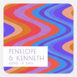 Pegatina Cuadrada Personalizado del Boda púrpura azul Bright Groovy 