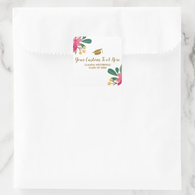 Pegatina Cuadrada Personalizado del tapón de graduación de oro flora (Bolso)