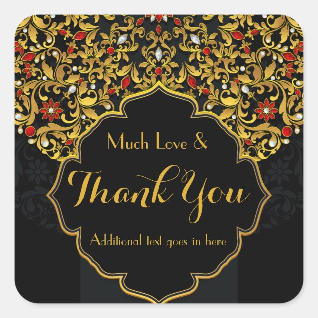 Pegatina Cuadrada Personalizado dorado rojo negro floral gracias (Anverso)
