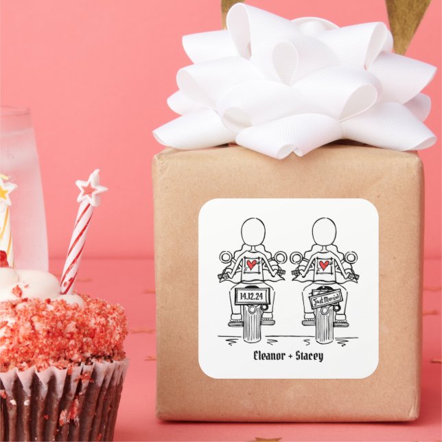 Pegatina Cuadrada Personalizado dos novias Boda de motocicleta (Fiesta)