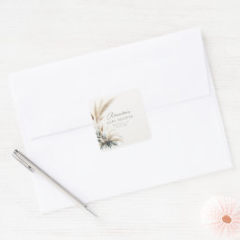 Pegatina Cuadrada Personalizado el Baby Shower verde Boho Pampas Sag