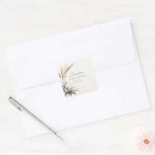 Pegatina Cuadrada Personalizado el Baby Shower verde Boho Pampas Sag