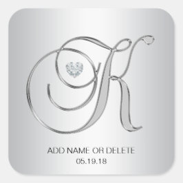 Pegatina Cuadrada Personalizado Elegante Plata Monogramada Letra ini