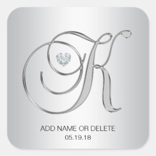 Pegatina Cuadrada Personalizado Elegante Plata Monogramada Letra ini
