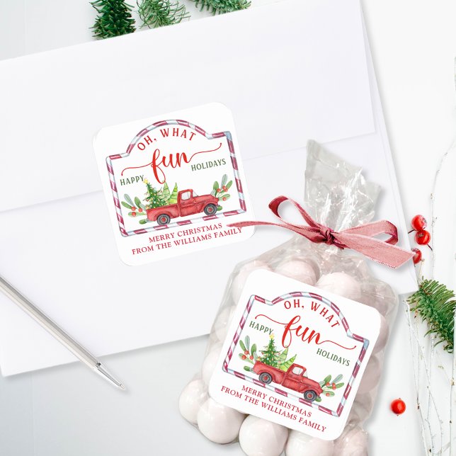 Pegatina Cuadrada Personalizado, Felices Fiestas, Camión Rojo Vintag (Subido por el creador)