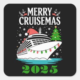 Pegatina Cuadrada Personalizado Feliz Crucero Navideño Familia Barco