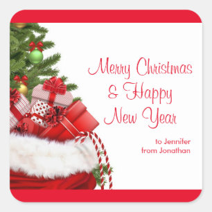 Pegatina Cuadrada Personalizado Feliz Navidad Feliz Año Nuevo Nombre