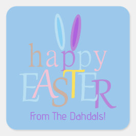 Pegatina Cuadrada Personalizado Feliz Pascua Conejito Oídos Azul Púr