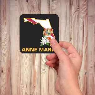 Pegatina Cuadrada Personalizado Florida Bandera Estado Flor Naranja