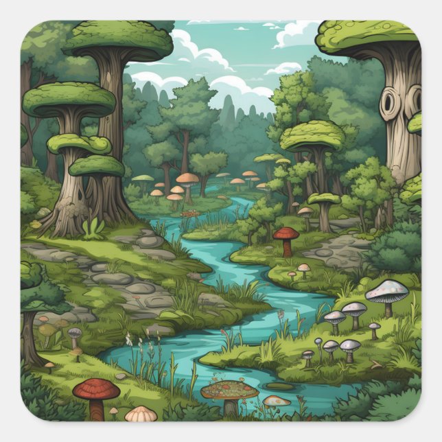 Pegatina Cuadrada Personalizado Forest Dreamscape (Anverso)