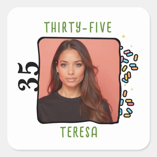 Pegatina Cuadrada Personalizado Foto 35º fiesta de cumpleaños - Rasp (Anverso)