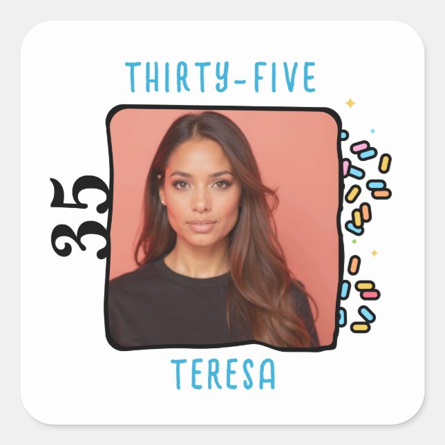 Pegatina Cuadrada Personalizado Foto 35º fiesta de cumpleaños - Rasp (Anverso)