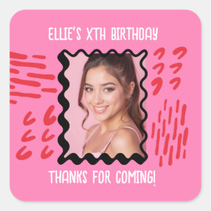 Pegatina Cuadrada Personalizado Foto Cumpleaños Sketchy Doodle Party