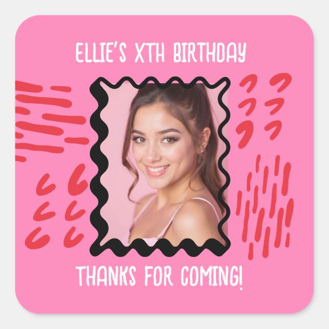 Pegatina Cuadrada Personalizado Foto Cumpleaños Sketchy Doodle Party (Anverso)