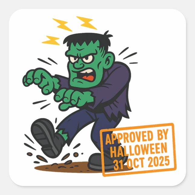 Pegatina Cuadrada Personalizado Frankenstein - Aprobado por Hallowee (Anverso)
