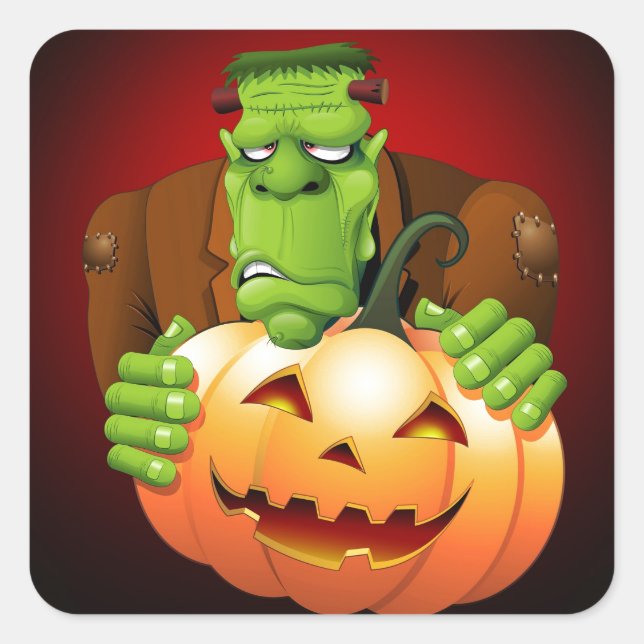 Pegatina Cuadrada Personalizado Frankenstein con Calabaza (Anverso)