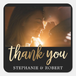 Pegatina Cuadrada Personalizado Gold y Black Thank You Script Photo