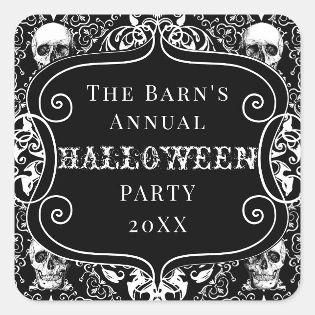 Pegatina Cuadrada Personalizado gótico del cráneo de Damask de Hallo (Anverso)