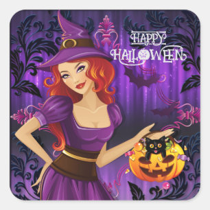 Pegatina Cuadrada Personalizado Halloween Cute Spooky Whimsical Witc
