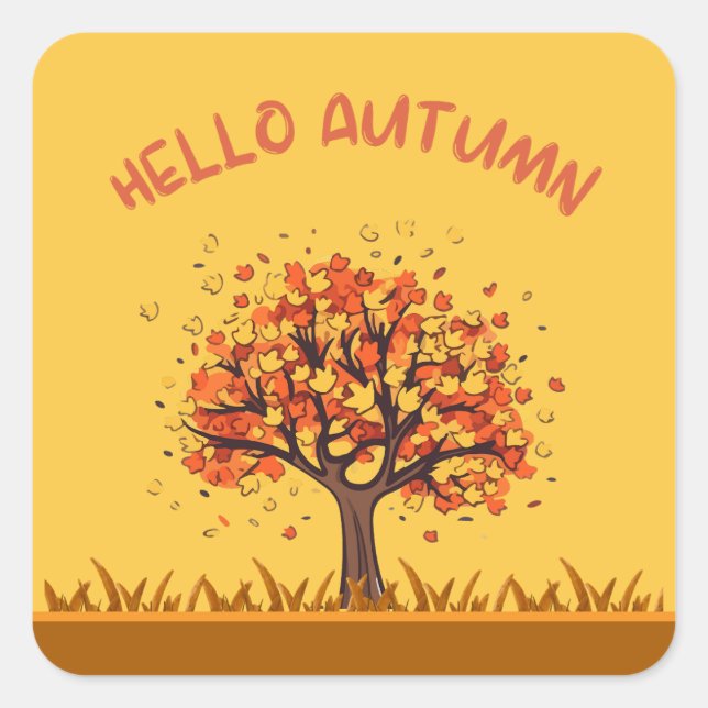 Pegatina Cuadrada Personalizado "Hello Autumn" Colorful Fall Leaves (Anverso)