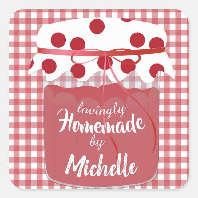 Pegatina Cuadrada Personalizado Homemade Jam y Gingham (Anverso)