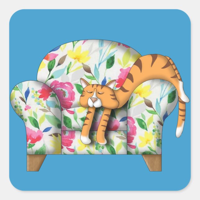 Pegatina Cuadrada Personalizado Kitty durmiendo en una silla floral (Anverso)