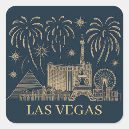 Pegatina Cuadrada Personalizado Las Vegas Skyline Gold Line Art Vint