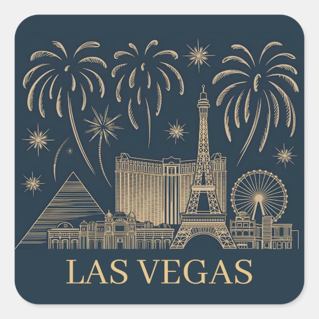 Pegatina Cuadrada Personalizado Las Vegas Skyline Gold Line Art Vint (Anverso)