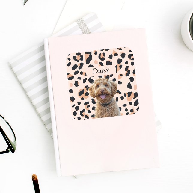 Pegatina Cuadrada Personalizado Leopard Print Dog Photo con nombre (Subido por el creador)