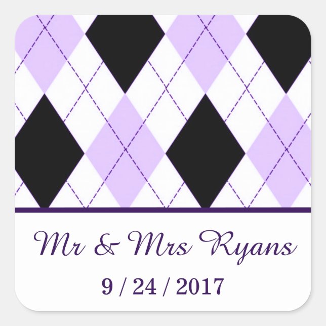 Pegatina Cuadrada Personalizado Lilac Argyle Boda (Anverso)