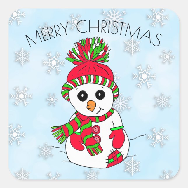 Pegatina Cuadrada Personalizado lindo Navidades Snowman Snowflake (Anverso)