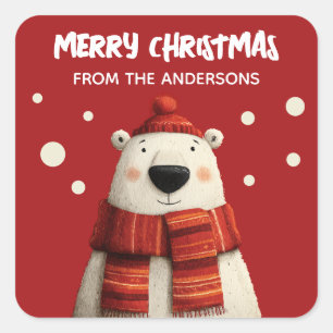Pegatina Cuadrada Personalizado lindo oso polar oso rojo amargo navi