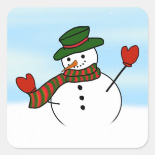 Pegatina Cuadrada Personalizado lindo Snowman con Gorra verde y Mitt