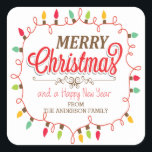 Pegatina Cuadrada Personalizado Merry Christmas Bright Lights Pegati<br><div class="desc">Moderna y atractiva Pegatina de Feliz Navidad y Feliz Año Nuevo con tipografía de moda enmarcada con un marco luminoso de navidades coloridos y brillantes.</div>