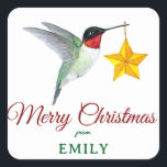 Pegatina Cuadrada Personalizado Merry Christmas Hummingbird Square P<br><div class="desc">Personalizado Merry Christmas pegatina con un colibrí gaviota con un adorno de estrellas. Solo agrega tu nombre. El estilo de letra y el tamaño de la fuente pueden cambiarse haciendo clic en "Editar usando la herramienta de diseño".</div>