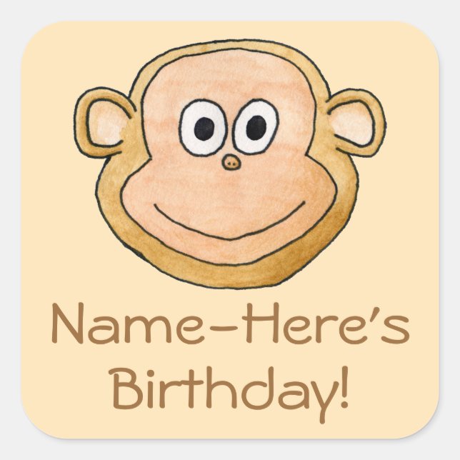 Pegatina Cuadrada Personalizado Mono, Cumpleaños. (Anverso)