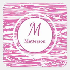 Pegatina Cuadrada Personalizado monograma del patrón blanco rosado m