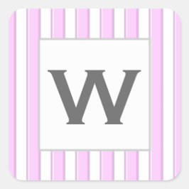 Pegatina Cuadrada Personalizado Monograma Tiras rosadas en blanco