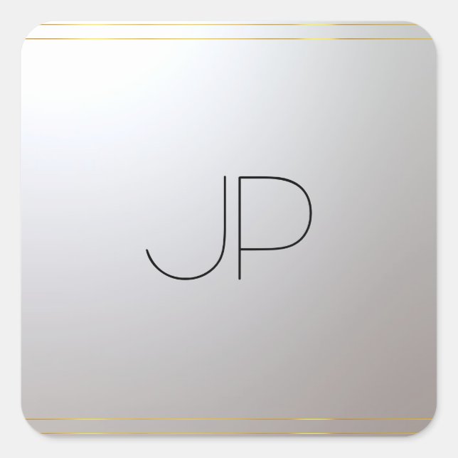 Pegatina Cuadrada Personalizado Monogramed Silver Template Inicial (Anverso)