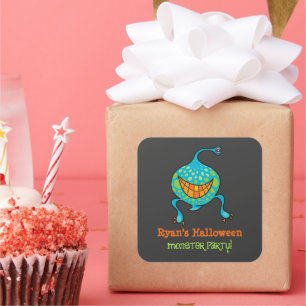 Pegatina Cuadrada Personalizado Monstruo Verde Alien fiesta de Hallo