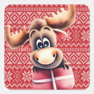 Pegatina Cuadrada Personalizado Moose con regalo de Navidades