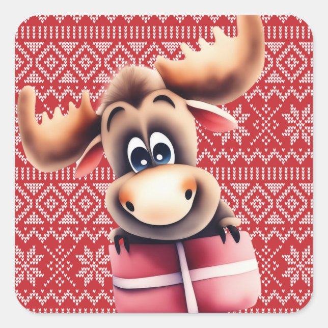 Pegatina Cuadrada Personalizado Moose con regalo de Navidades (Anverso)